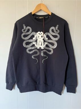 New Roberto Cavalli Snake Sweatshirt Crewneck Graphic Black White Italy Cotton